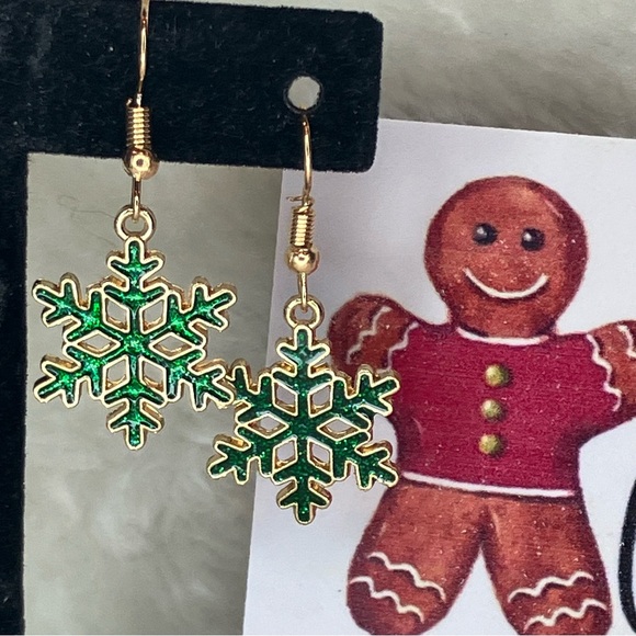 Green Sparkle Snowflake Dangle Earrings - Picture 3 of 5